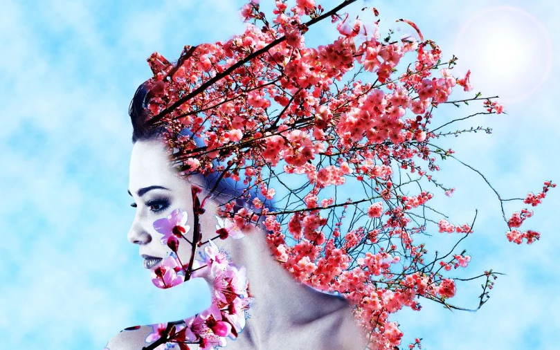 a woman with pink flowers in her hair, art photography, cherry blosom trees, azure and red tones, in style of digital art, sergey krasovskiy