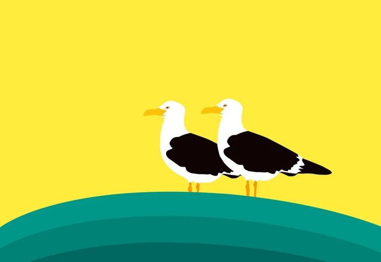 a couple of birds standing on top of a green hill, an illustration of, minimalism, seagull, black and yellow color scheme, background image, seaside backgroud