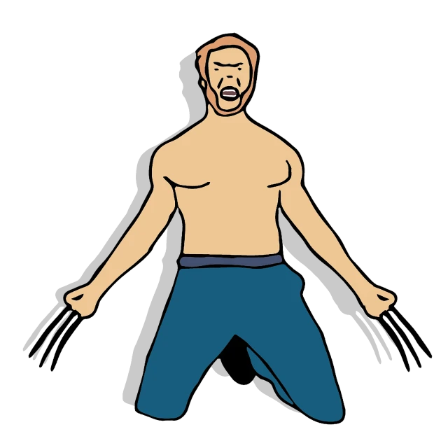 a man in blue pants holding a pair of scissors, by Andrei Kolkoutine, figuration libre, wolverine, his arms spread, coloured lineart, julian opie