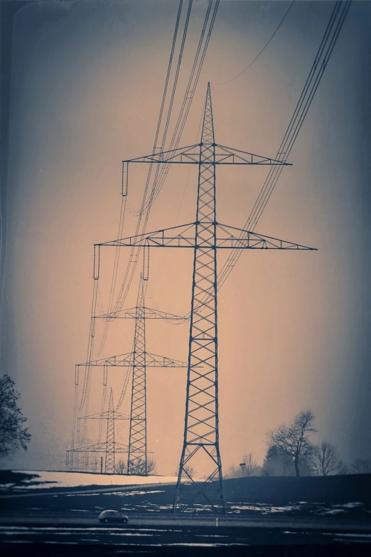 a black and white photo of power lines, a picture, by Thomas Häfner, pexels, orange and purple electricity, retro effect, tall thin, stacked