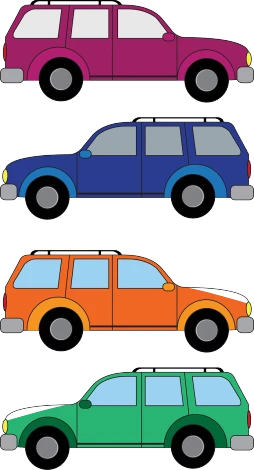 four different colored cars on a white background, blue and orange palette, off - road, clip art, two tone