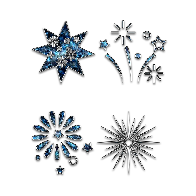 a set of four snowflakes on a black background, art deco, blue crystal exploding, fireworks, glass - reflecting - stars, blue flowers accents