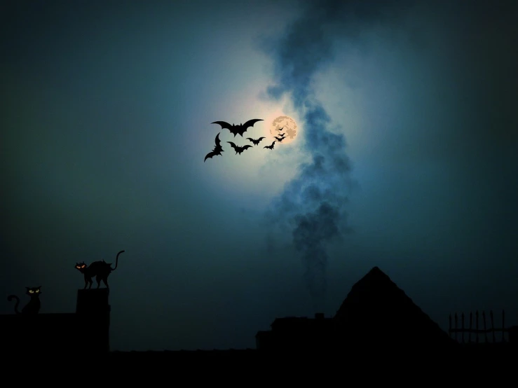 a group of bats flying in front of a full moon, a photo, roof background, dragons flying in the sky, moonwalker photo