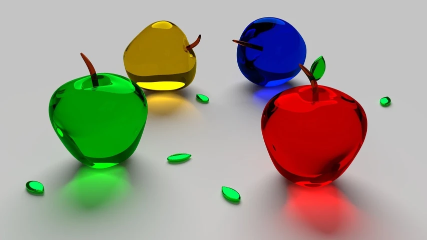 a group of three apples sitting next to each other, a raytraced image, trending on pixabay, digital art, colorful glass art, colored gels, transparent glass surfaces, cycles4d