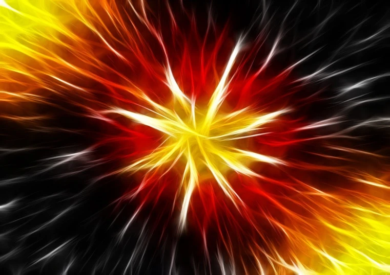 a yellow and red flower on a black background, digital art, abstract illusionism, explosions of power, mid shot photo