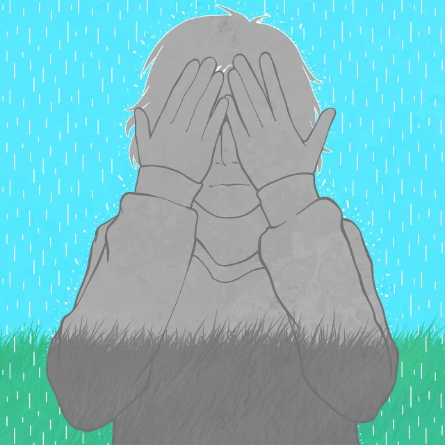 a person covering their face in the rain, by Kamisaka Sekka, cartoon style illustration, standing in grassy field, cel - shaded art style, crying big blue tears