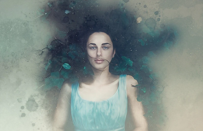 a woman in a blue dress with flowers in her hair, digital art, by Kurt Roesch, shutterstock contest winner, digital art, floating drowned, atmospheric portrait, perfectly centered portrait, high quality fantasy stock photo