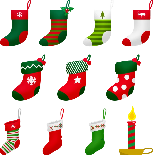 a collection of christmas stockings on a black background, clip-art, high res photo