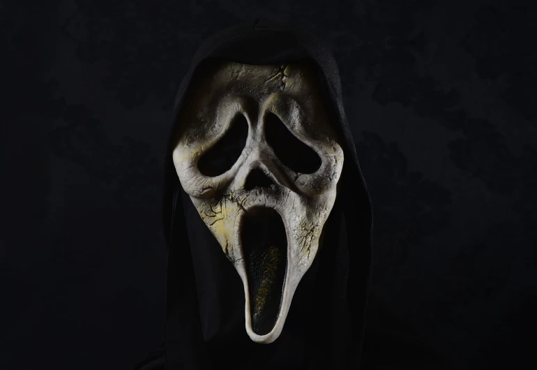 a close up of a person wearing a scary mask, a picture, by Derek Chittock, pexels, cobra, the scream, promotional movie still, reaper, closed mouth showing no teeth