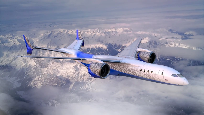 a blue and white airplane flying over a mountain range, a digital rendering, by Gabriel Ba, fuselage, new design, jet engines, icy