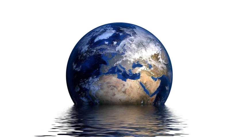 the earth is reflected in the water, a picture, pixabay, massurrealism, flooding, looking partly to the left, 🤬 🤮 💕 🎀, globes