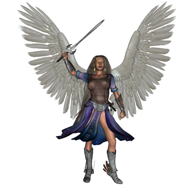 a statue of an angel holding a sword, inspired by Anne Stokes, zbrush central contest winner, renaissance, purple leather wings, npc with a saint\'s halo, hand painted textures on model, epic 3 d oshun
