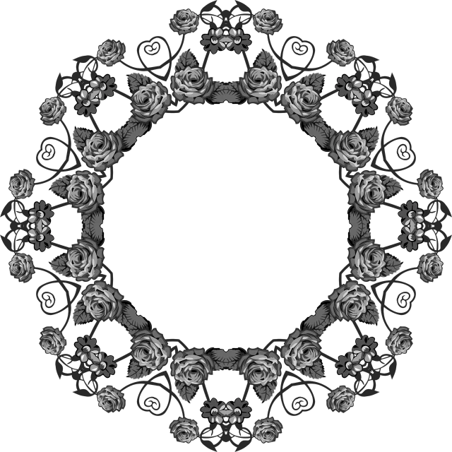 a circular frame with roses on a black background, inspired by Benoit B. Mandelbrot, deviantart, art deco, an old balck and white photo, detailed lacework, image dataset, brocade