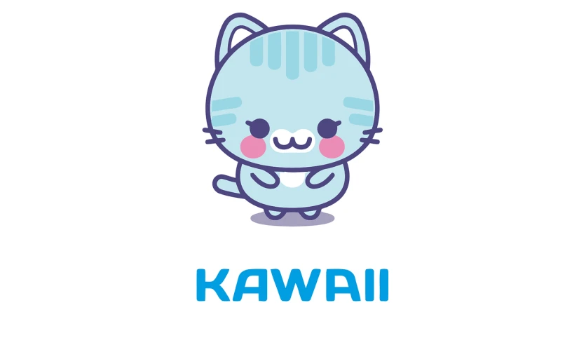 a cartoon cat with the word kawai on it, by Kawabata Ryūshi, blue color theme, cute single animal, hawaii, world boss kitten