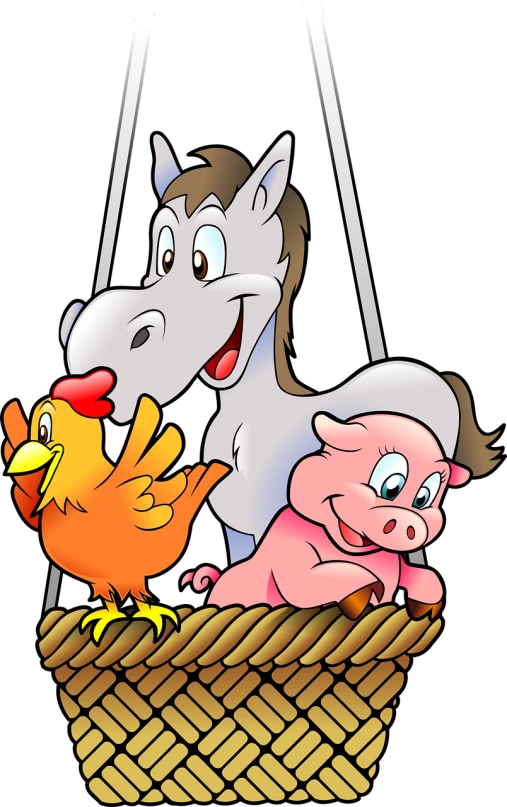 a horse, a pig, and a chicken in a basket, an illustration of, by Bob Singer, pixabay, figuration libre, mascot illustration, hanging, closeup photo, cartoon style illustration