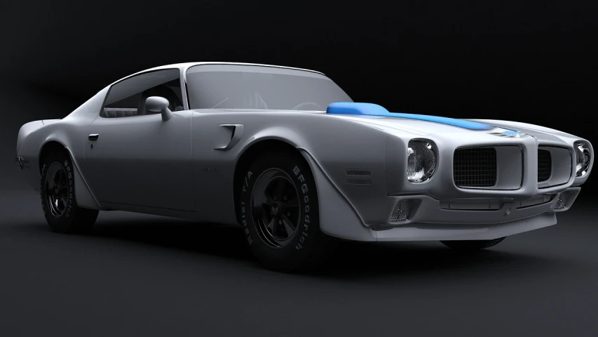 a silver car with a blue stripe on the hood, a 3D render, by Brian Thomas, zbrush central contest winner, muscle cars, 3 d modelling, 3d modelling, front profile shot