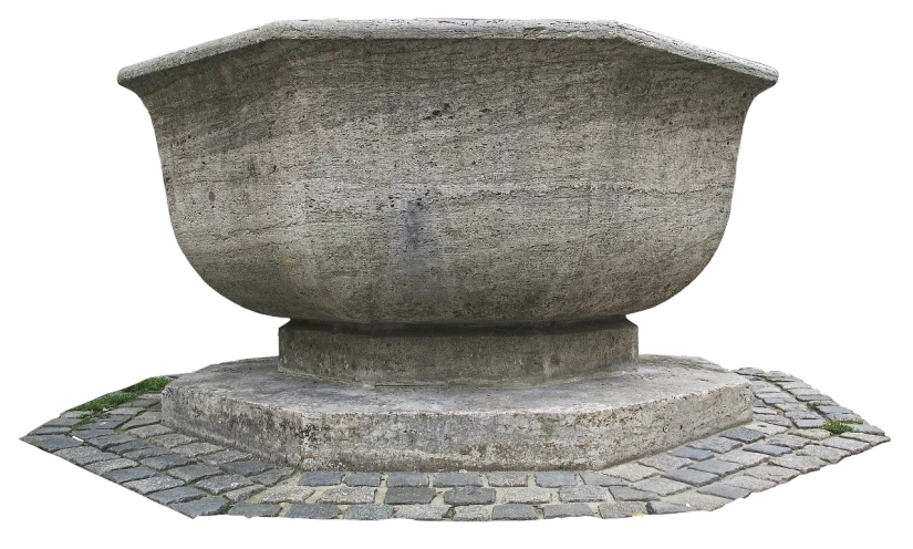 a stone vase sitting on top of a stone floor, by Hendrik Gerritsz Pot, pixabay, concrete art, cinemascope panorama, front top side view, boat, underside