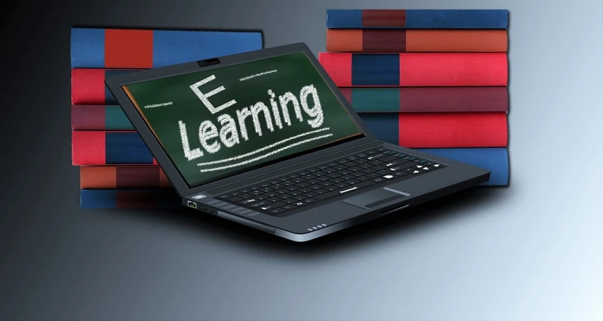 a laptop computer sitting on top of a stack of books, a digital rendering, by Martina Krupičková, pixabay, happening, chalkboard, learning, perfect fces, a wooden