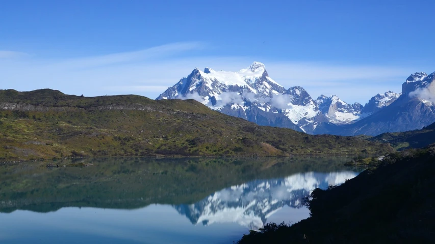 a body of water with mountains in the background, by Alexander Runciman, flickr, patagonian, mirror lake, peak experience ”, wikimedia commons