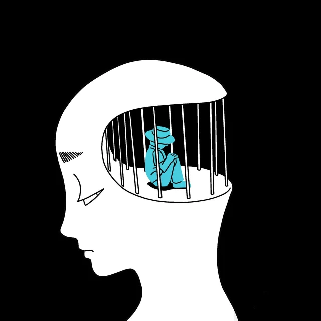 a person sitting in a cage inside of a head, a cartoon, pixabay, conceptual art, tara mcpherson, arrested, india, high-contrast