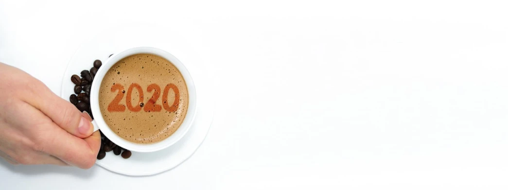 a person holding a cup of coffee with the word 2020 written on it, by Kinichiro Ishikawa, trending on pixabay, minimalism, offering a plate of food, iso 1 0 0 wide view, banner, set against a white background