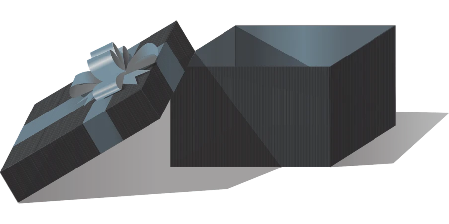 a black gift box with a silver bow, a low poly render, inspired by Anna Füssli, vorticism, architecture zaha hadid, lying down, blue and black scheme, elevation view