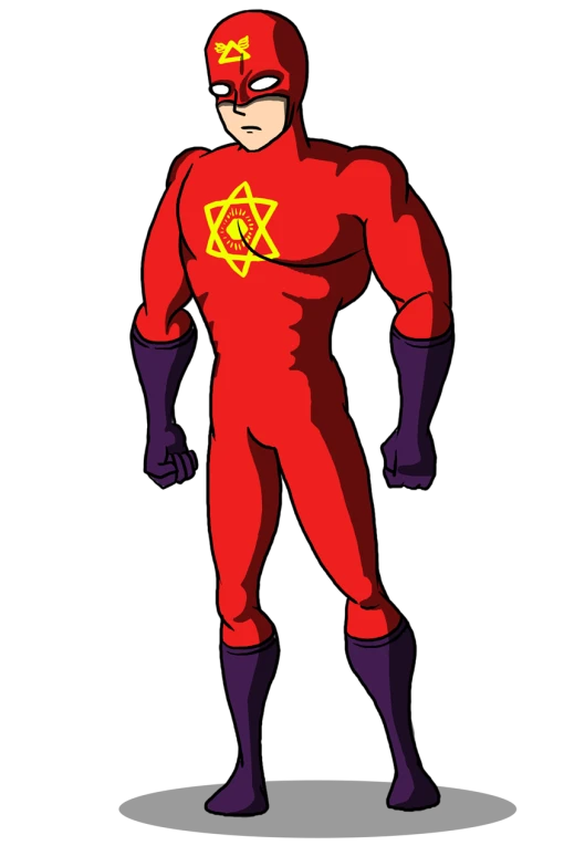a man in a red suit with a yellow star on his chest, concept art, inspired by Vladimir Borovikovsky, stuckism, israel, atom, metal body, cartoon image