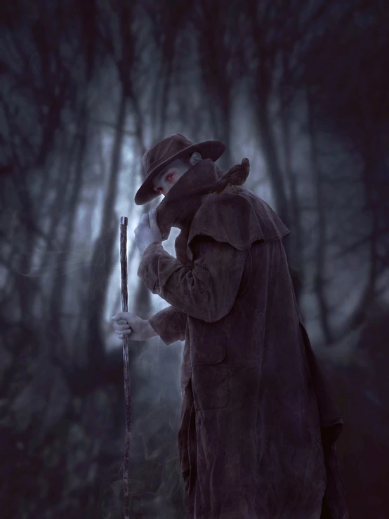 a man holding a knife in a dark forest, inspired by Ivan Kramskoi, digital art, dark hat, holding walking stick, photo manipulation, (mist)