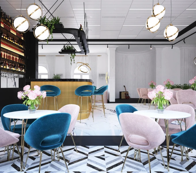 a room filled with lots of pink and blue chairs, inspired by Emilio Grau Sala, trending on cg society, in a bright cafe, white marble with gold accents, vray renderer, bar tosz domiczek