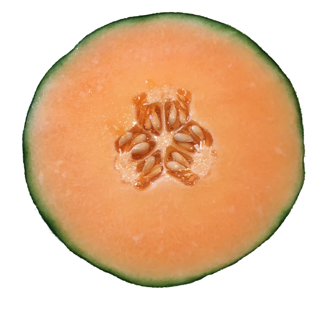 a close up of a melon cut in half, by Tadashi Nakayama, flickr, sōsaku hanga, with a black background, 14mm, top - down view, in shades of peach