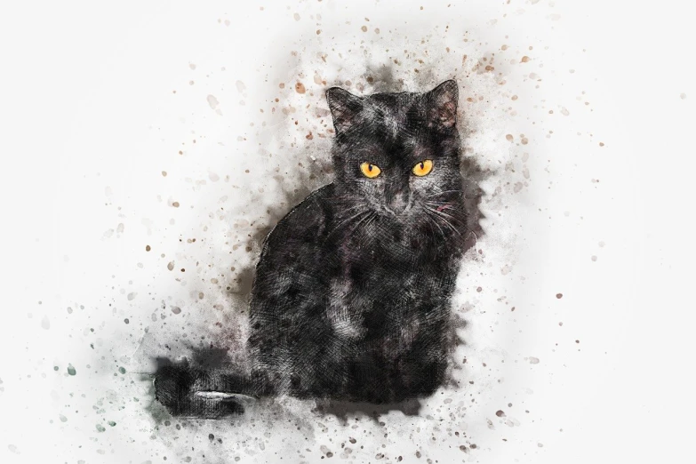 a black cat sitting on top of a snow covered ground, a digital painting, trending on pixabay, digital art, splattered tar, on the white background, portrait of an old, mixed media style illustration