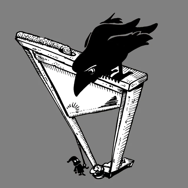 a black bird sitting on top of a piano, an illustration of, by Gonzalo Endara Crow, dada, guillotine rgb, mascot illustration, anarchy, medieval graphic