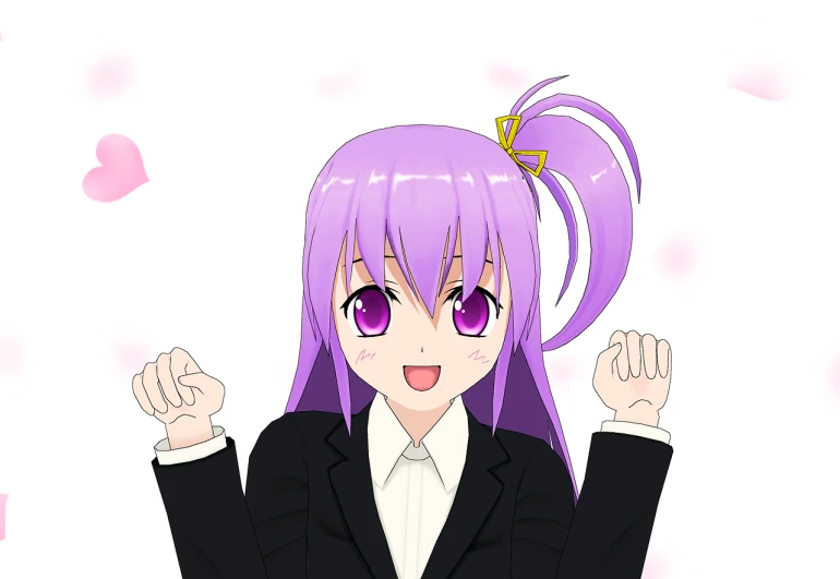 a close up of a person in a suit with purple hair, inspired by Un'ichi Hiratsuka, pixiv contest winner, showing victory, cute!! chibi!!! schoolgirl, miura kentaro style, flat anime style