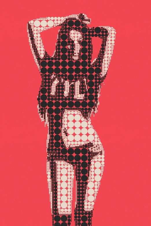 a woman standing in front of a red background, a screenprint, inspired by Cleon Peterson, flickr, pop art, made of dots, arms raised, playboy bunny, detail