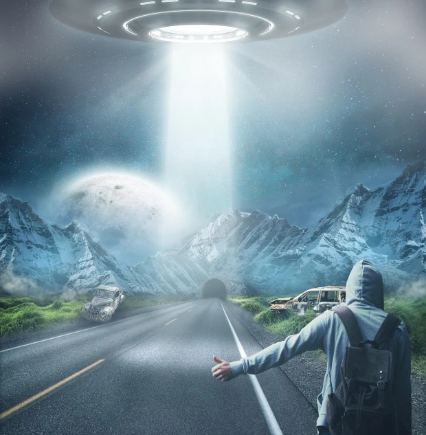 a man standing on the side of a road in front of a flying saucer, concept art, shutterstock, distant mountains lights photo, distant hooded figures, open portal to another dimension, abduction