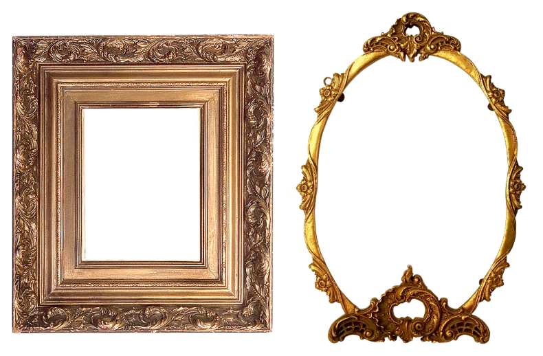 a couple of gold frames sitting next to each other, a portrait, flickr, baroque, highly detailed barlowe 8 k, ornate border frame, davinci, monitor