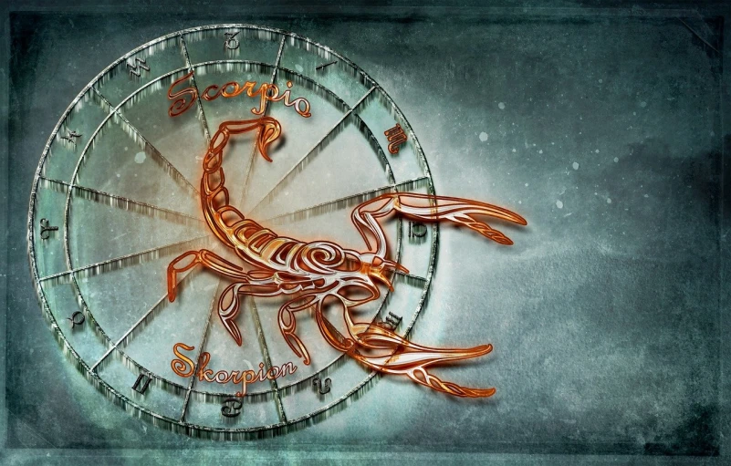 a close up of a clock with a scorpion on it, a digital rendering, hurufiyya, copper elements, signs, background, pisces