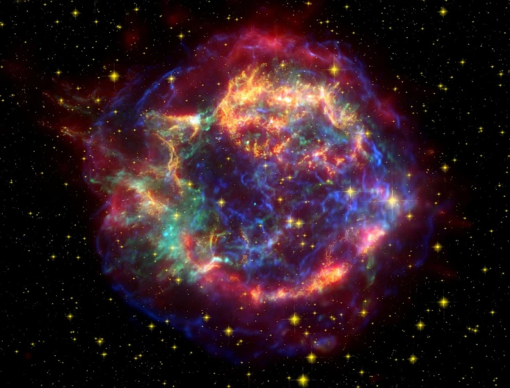 a close up of a planetary object surrounded by stars, flickr, space art, supernova explosion, multicoloured, dark neon colored universe, nasa photo