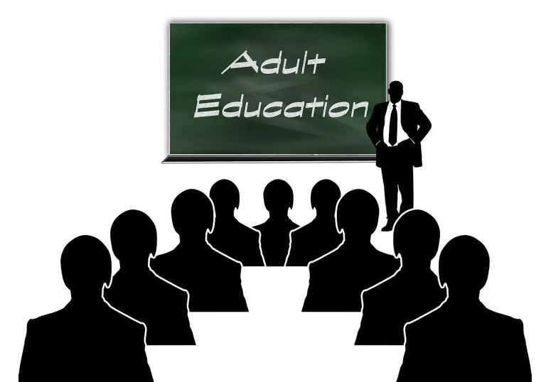 a man standing in front of a blackboard with adult education written on it, an illustration of, pixabay, milf, a group of people, high res photo, adult