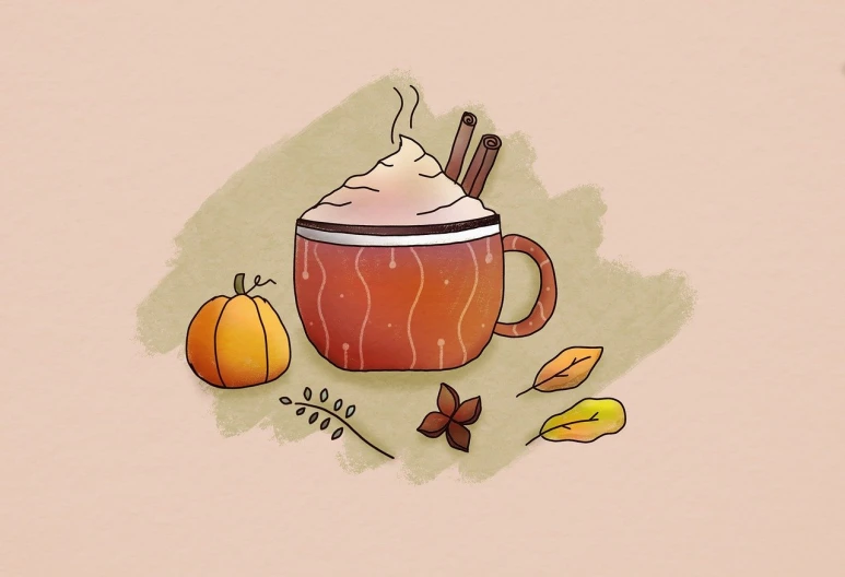 a cup of coffee sitting on top of a table, a digital painting, inspired by Muggur, tumblr, pumpkin patch, background image, wikihow illustration