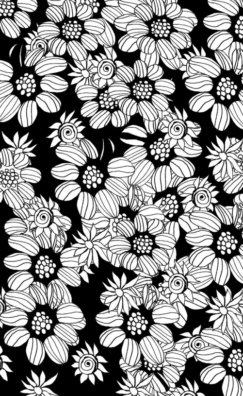 a bunch of black and white flowers on a black background, vector art, by Maruja Mallo, sunflower background, repeating pattern. seamless, chrysanthemum and hyacinth, vector ink drawing