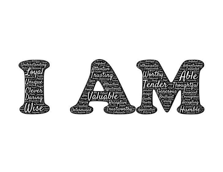 a black and white photo of the word i am, by Judith Gutierrez, pixabay, letterism, created in adobe illustrator, different full body view, digital banner, wimmelbild