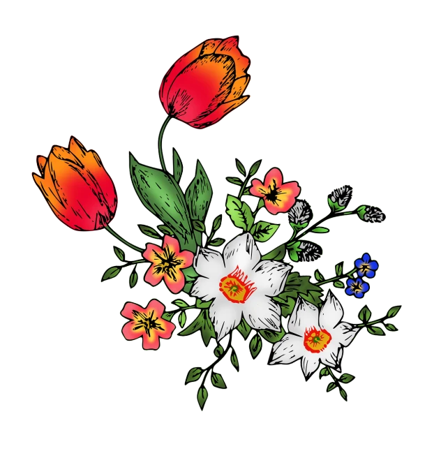 a bouquet of flowers on a black background, a digital painting, embroidery, high contrast illustration, 3 are spring, courful illustration