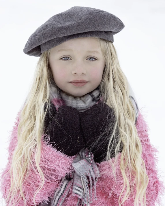 a little girl wearing a hat and scarf, a digital rendering, inspired by Jean-Étienne Liotard, realism, modern high sharpness photo, snowy weather, in thomas ruff style, with long blond hair