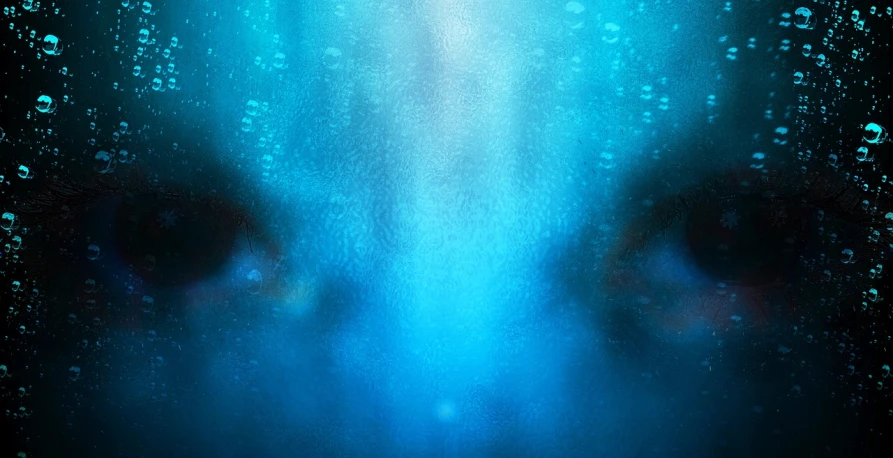 a close up of a person's face in the water, shutterstock, conceptual art, the blue whale crystal texture, (((underwater lights))), blured background, both faces visible