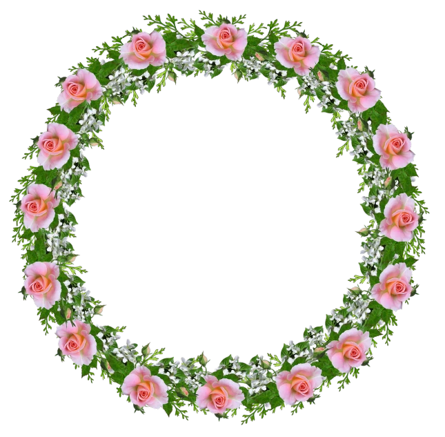 a wreath of pink roses and baby's breath, a digital rendering, on a black background, image dataset, circle, ivy