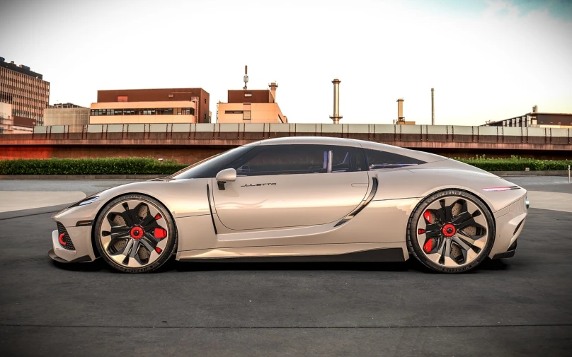 a silver sports car parked in a parking lot, a 3D render, inspired by Harry Haenigsen, trending on cg society, saleen s7, hdr shot, side - view, avantgarde 4k wallpaper