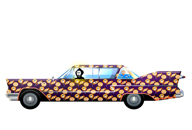 a cartoon car with pumpkins all over it, concept art, inspired by Ed Roth, pop art, tom hammick, made of lollypops, thom browne, on black background