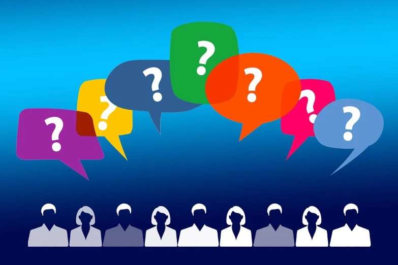 a group of people with question marks on their speech bubbles, shutterstock, blue background colour, where a large, information, customers