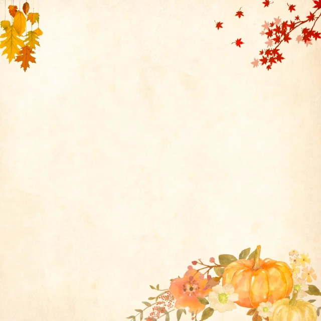 a painting of flowers and leaves on a piece of paper, a digital painting, by Ai-Mitsu, flickr, sōsaku hanga, autumn background, pumpkin, background is white and blank, corner